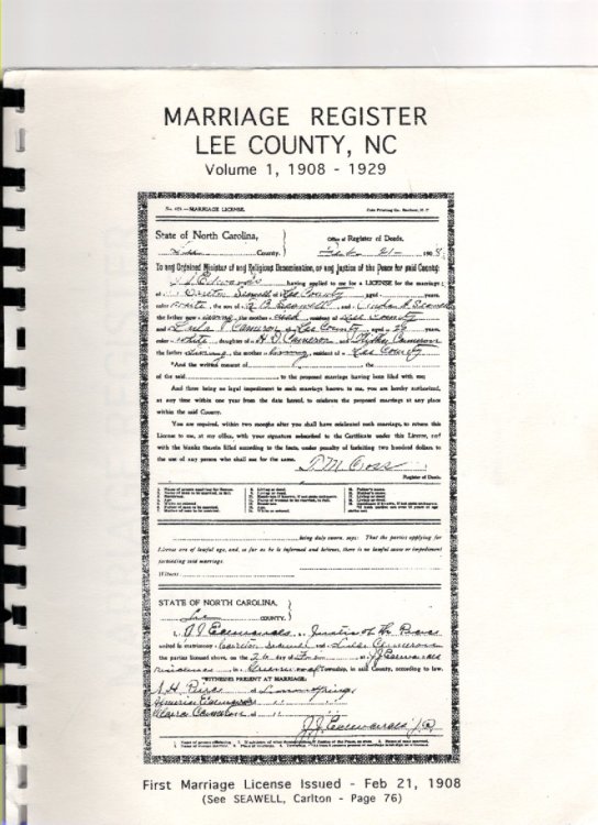 Image for Marriage Register Lee County, N.C. Volume I, 1908-1929 Marriage Register Lee County, N.C. Volume I, 1908-1929